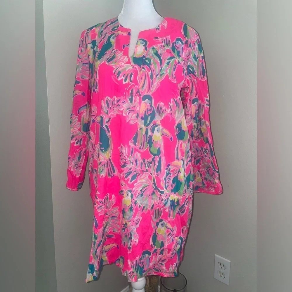 Lilly Pulitzer Oasis Tunic Dragonfruit Toucan Can Swim Beach Cover Up Pink XS - Picture 2 of 6